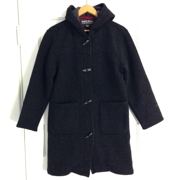 Vtg Woolrich Coat Wn S Dark Gray Duffle Wool Hooded Toggle Preppy Old Money Warm - Picture 1 of 11